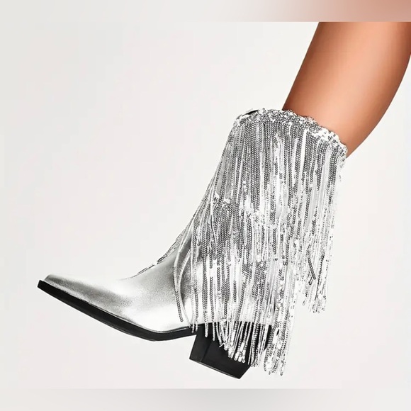 New Fringe Shiny Silver Cowboy Cowgirl Boots Metallic Pointed Toe Tassel Heel - Picture 5 of 16